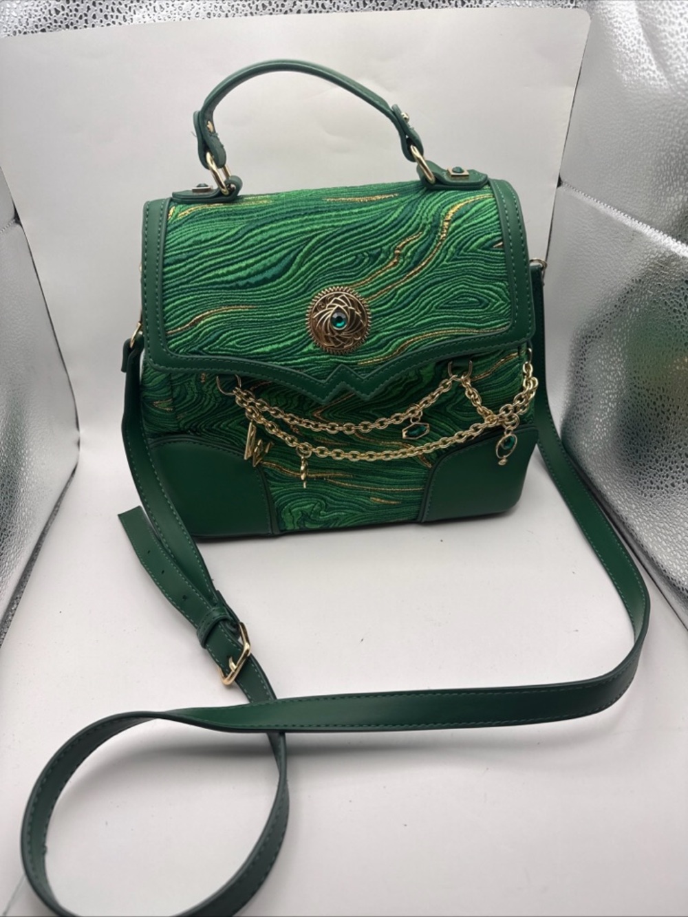 Wicked Green Top-Handle Satchel with Gold Chain Accent